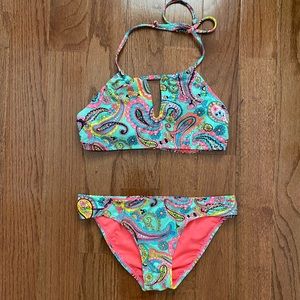 NWOT Vintage Delias bohemian paisley print pink and turquoise bikini set